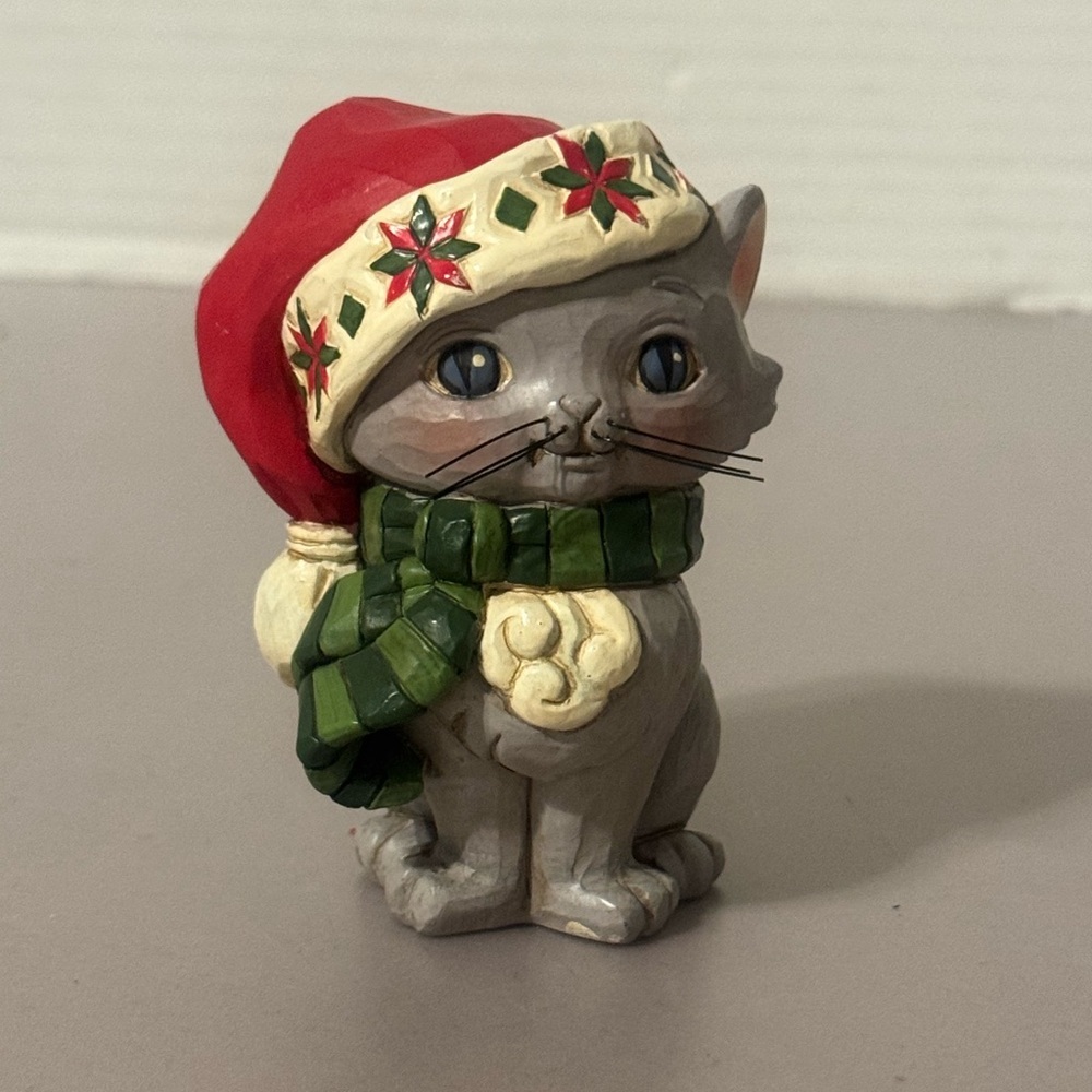 Jim Shore Gray Cat with Red Hat and Green Scarf